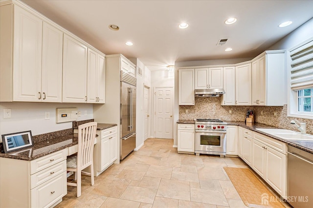 35 Fabiszewski Way, Parlin, NJ 08859 - kitchen with high end appliances, a sink, under cabinet range hood, backsplash, and white cabinetry