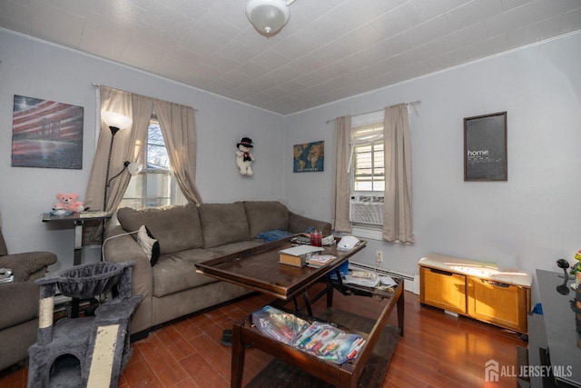 58 Smullen St, Sayreville, NJ 08872 - living area with a baseboard radiator, wood finished floors, and a healthy amount of sunlight