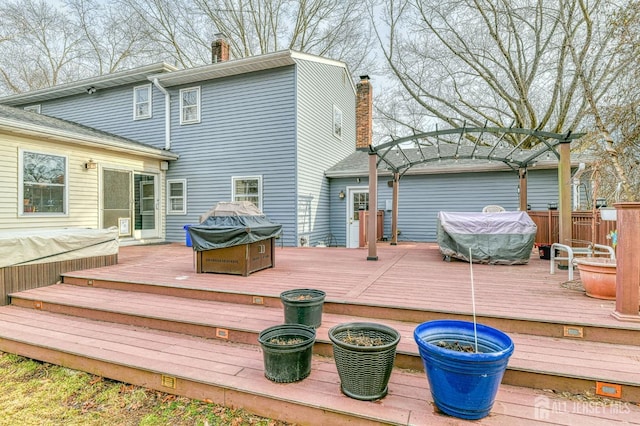 wooden terrace with a covered hot tub