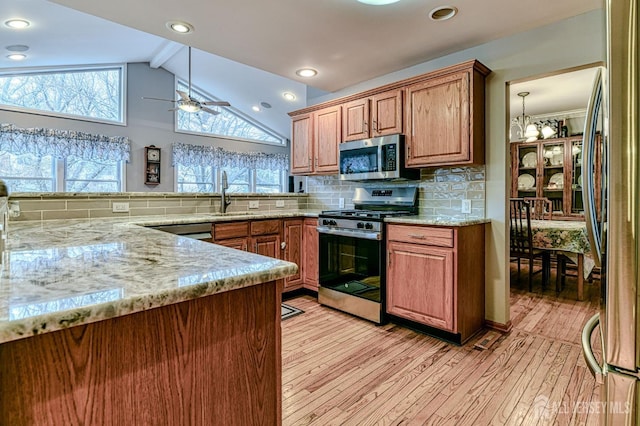 kitchen featuring light wood finished floors, a healthy amount of sunlight, appliances with stainless steel finishes, and a sink