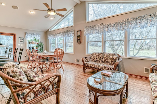 sunroom / solarium with lofted ceiling with beams, visible vents, and a ceiling fan