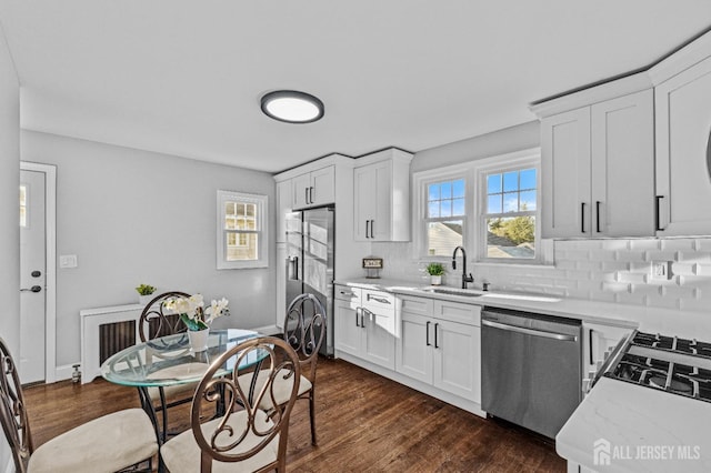 kitchen featuring dark wood finished floors, plenty of natural light, a sink, light countertops, and appliances with stainless steel finishes