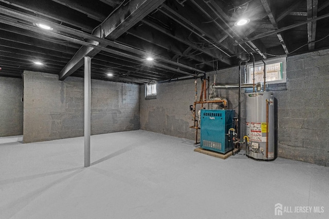 basement with a wealth of natural light and gas water heater