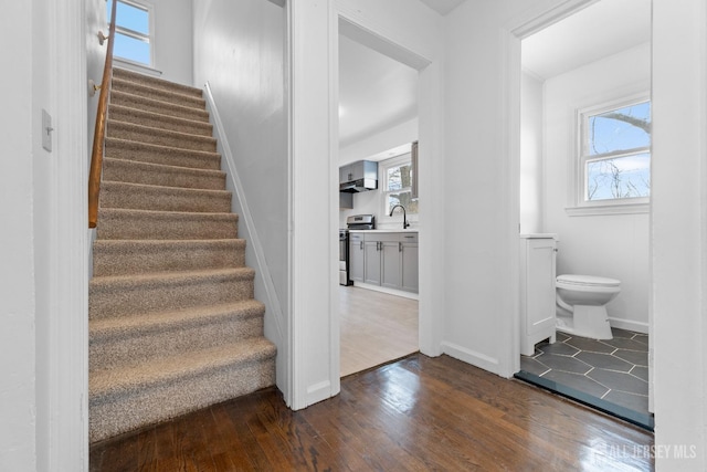 stairs featuring wood finished floors, a wealth of natural light, and baseboards