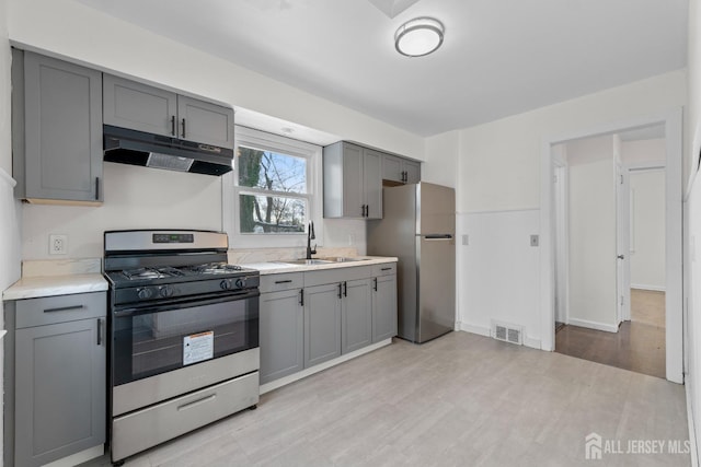 kitchen featuring appliances with stainless steel finishes, light countertops, gray cabinetry, under cabinet range hood, and a sink