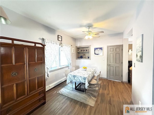 133 Pleasant Ave, Iselin, NJ 08830 - dining room with a baseboard radiator, a ceiling fan, dark wood finished floors, and baseboards
