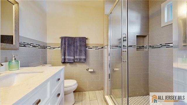 bathroom with toilet, tile walls, a stall shower, and vanity