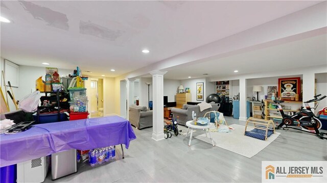 624 Lyman Ave, Woodbridge Proper, NJ 07095 - dining space with recessed lighting, ornate columns, and wood finished floors