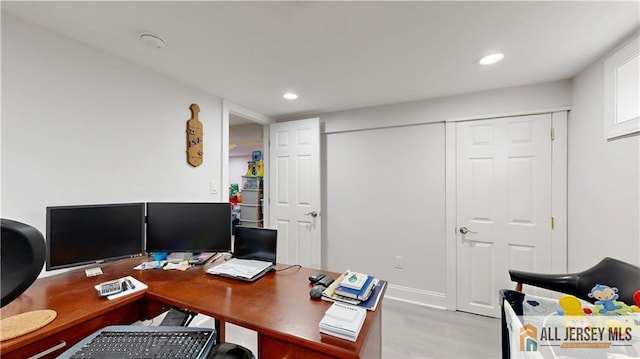 office featuring recessed lighting and light wood-type flooring