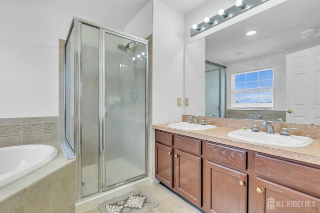 1 Kushnetki Rd, Parlin, NJ 08859 - full bath featuring double vanity, a shower stall, a bath, and tile patterned flooring