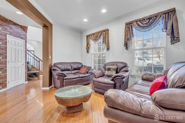 1 Kushnetki Rd, Parlin, NJ 08859 - living room with stairway, light wood-type flooring, ornamental molding, plenty of natural light, and recessed lighting