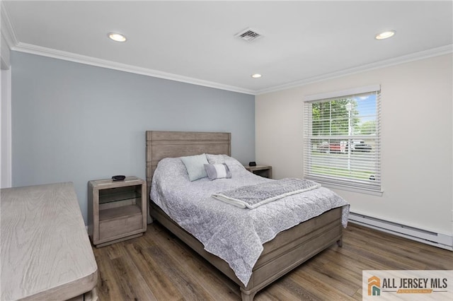 2 Belmar Rd Unit C, Monroe, NJ 08831 - bedroom with a baseboard radiator, wood finished floors, ornamental molding, and recessed lighting