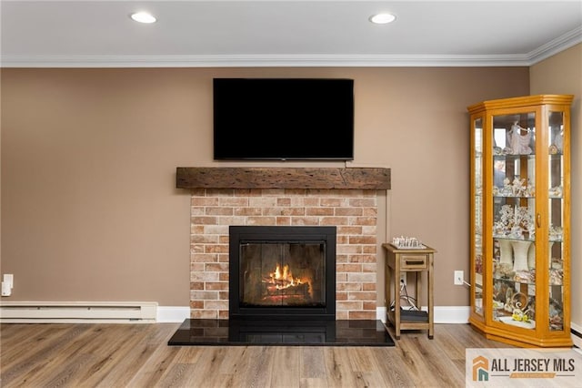 2 Belmar Rd Unit C, Monroe, NJ 08831 - detailed view of a baseboard radiator, wood finished floors, a fireplace, ornamental molding, and recessed lighting