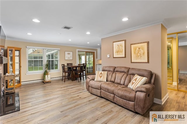 2 Belmar Rd Unit C, Monroe, NJ 08831 - living room with light wood-type flooring, crown molding, recessed lighting, baseboards, and a baseboard heating unit