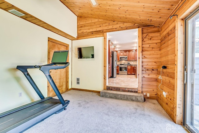 108 Morris Ave, Edison, NJ 08837 - exercise room featuring lofted ceiling, wood ceiling, light carpet, and wood walls