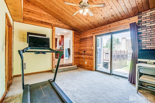 108 Morris Ave, Edison, NJ 08837 - exercise area with carpet flooring, vaulted ceiling, wood ceiling, and ceiling fan