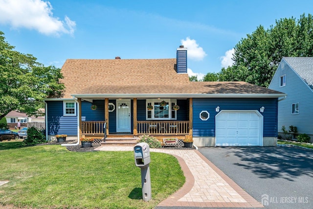 108 Morris Ave, Edison, NJ 08837 - view of front of house with an attached garage, a chimney, driveway, a front yard, and a porch