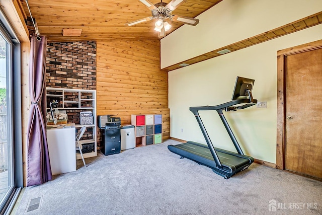 108 Morris Ave, Edison, NJ 08837 - workout area featuring wood walls, wood ceiling, ceiling fan, carpet flooring, and high vaulted ceiling
