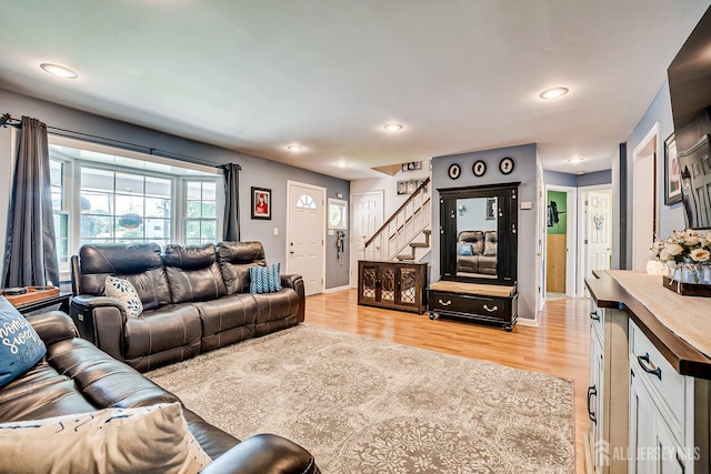 108 Morris Ave, Edison, NJ 08837 - living area featuring stairs, light wood-type flooring, and recessed lighting