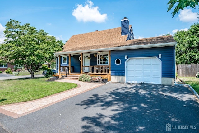 108 Morris Ave, Edison, NJ 08837 - view of front facade with an attached garage, covered porch, asphalt driveway, a chimney, and a shingled roof