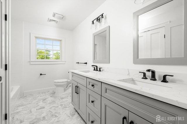 440 Ellisdale Rd, Chesterfield, NJ 08515 - bathroom with double vanity, toilet, visible vents, and a sink