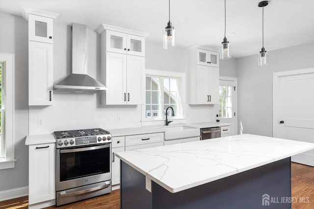 440 Ellisdale Rd, Chesterfield, NJ 08515 - kitchen featuring wall chimney range hood, stainless steel appliances, dark wood finished floors, and a sink