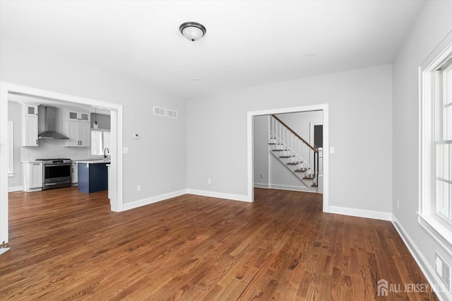 440 Ellisdale Rd, Chesterfield, NJ 08515 - unfurnished living room featuring dark wood-style flooring, a sink, stairs, baseboards, and visible vents