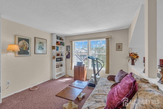 living area featuring carpet floors, baseboards, and a textured ceiling