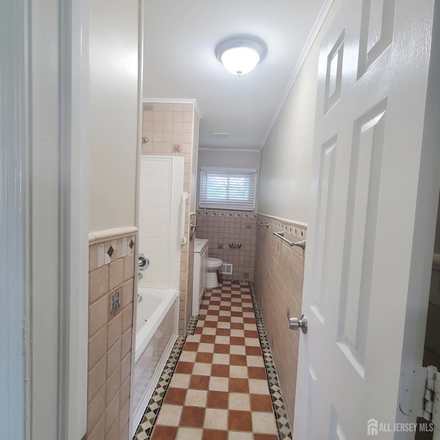 15 Clemson St, Old Bridge, NJ 08859 - bathroom featuring tile walls, crown molding, and wainscoting