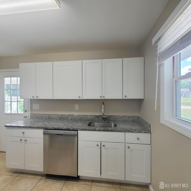 15 Clemson St, Old Bridge, NJ 08859 - kitchen with dishwasher, white cabinets, light tile patterned floors, and dark stone countertops