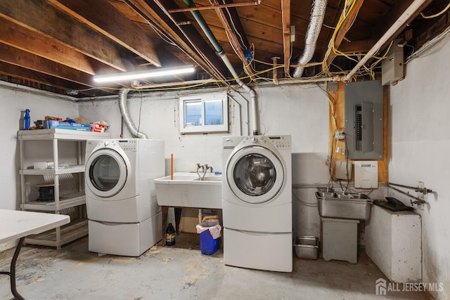 laundry area with washer and clothes dryer, sink, and electric panel