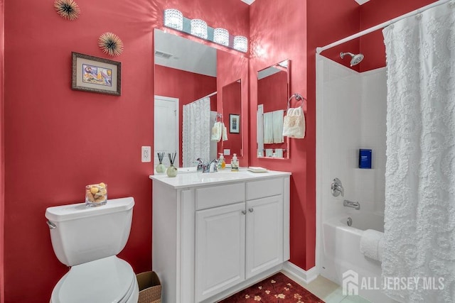 full bath with toilet, visible vents, shower / tub combo with curtain, and vanity