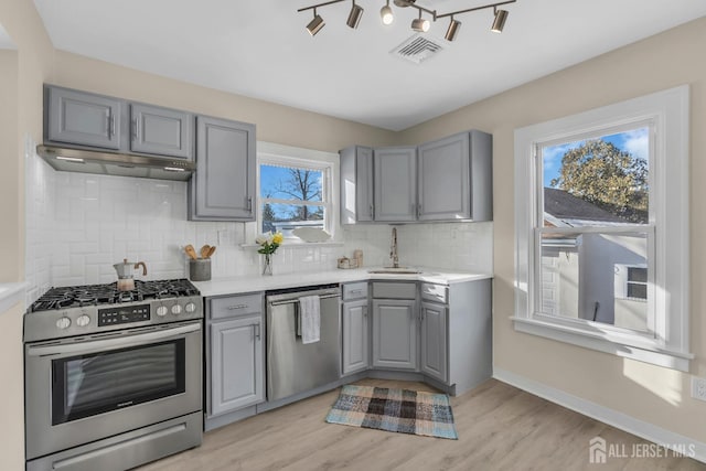 kitchen featuring a sink, gray cabinetry, light wood-style floors, under cabinet range hood, and appliances with stainless steel finishes