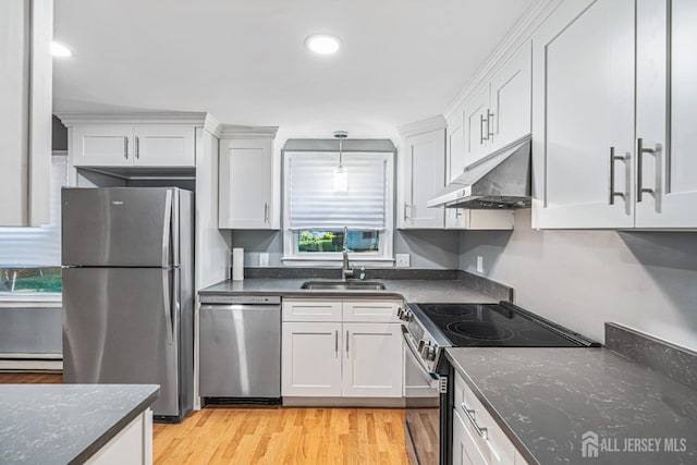 298-B Sharon Way, Monroe, NJ 08831 - kitchen featuring stainless steel appliances, under cabinet range hood, a baseboard radiator, white cabinets, and light wood-style flooring