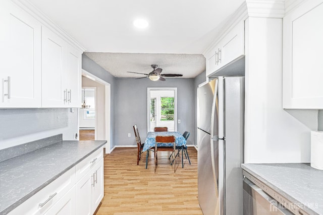 298-B Sharon Way, Monroe, NJ 08831 - kitchen with freestanding refrigerator, light wood-style flooring, a ceiling fan, white cabinets, and recessed lighting