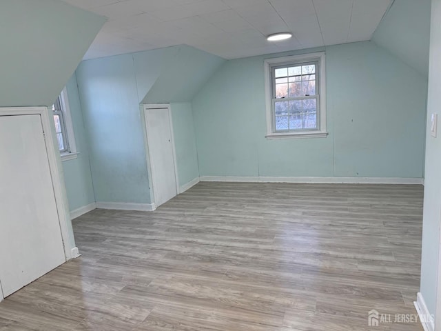 additional living space featuring light wood finished floors, baseboards, and vaulted ceiling