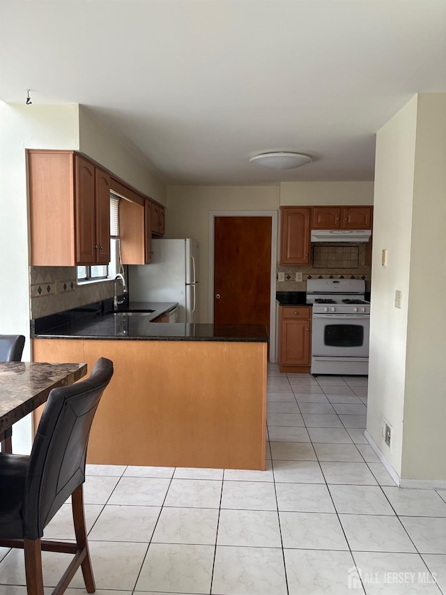 4 La Valencia Rd, Old Bridge, NJ 08857 - kitchen featuring white appliances, a sink, a peninsula, tasteful backsplash, and dark countertops