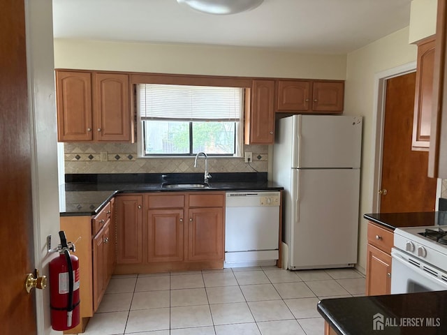 4 La Valencia Rd, Old Bridge, NJ 08857 - kitchen with white appliances, a sink, backsplash, dark countertops, and brown cabinets
