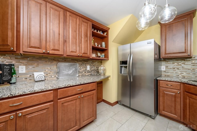 3002 Lighthouse Ln, Sayreville, NJ 08859 - kitchen featuring stainless steel fridge with ice dispenser, open shelves, brown cabinets, and tasteful backsplash