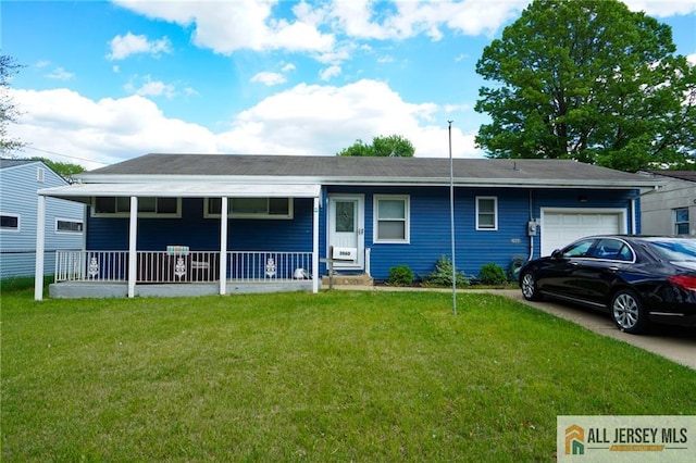 3060 Bordentown Ave, Old Bridge, NJ 08859 - ranch-style home featuring a garage, a front yard, concrete driveway, and covered porch