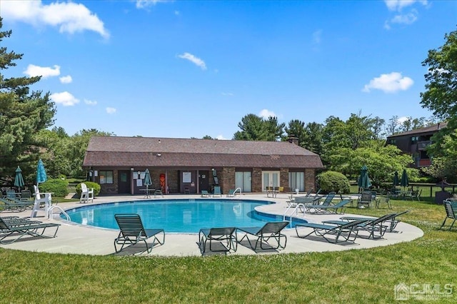 view of swimming pool featuring a patio area and a lawn