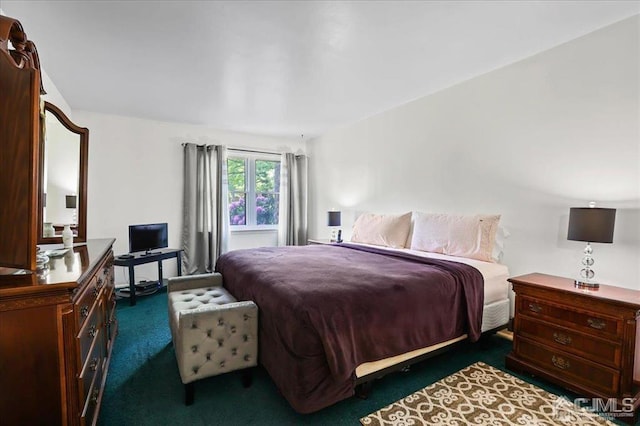 bedroom with dark colored carpet