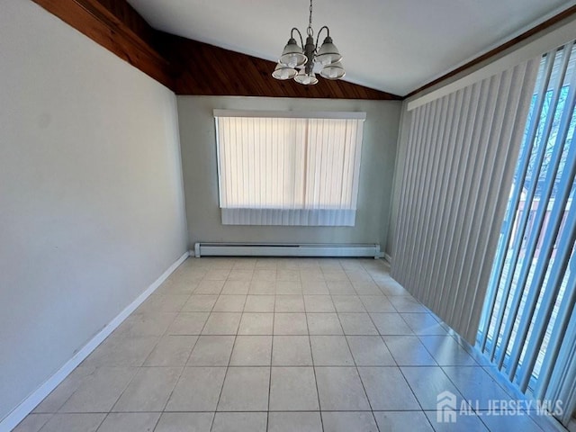130 Maple Pl S, Plainfield, NJ 07080 - unfurnished room featuring lofted ceiling, a chandelier, light tile patterned floors, a baseboard radiator, and baseboards