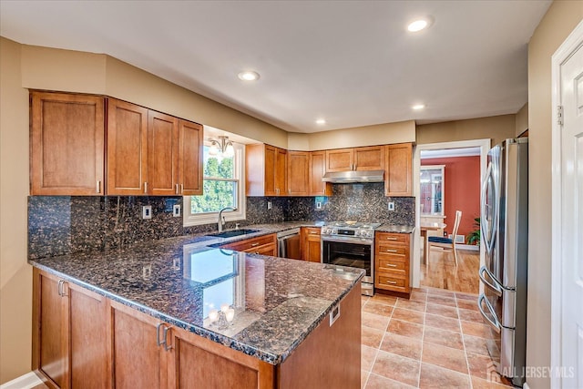 kitchen featuring a peninsula, a sink, brown cabinets, under cabinet range hood, and appliances with stainless steel finishes