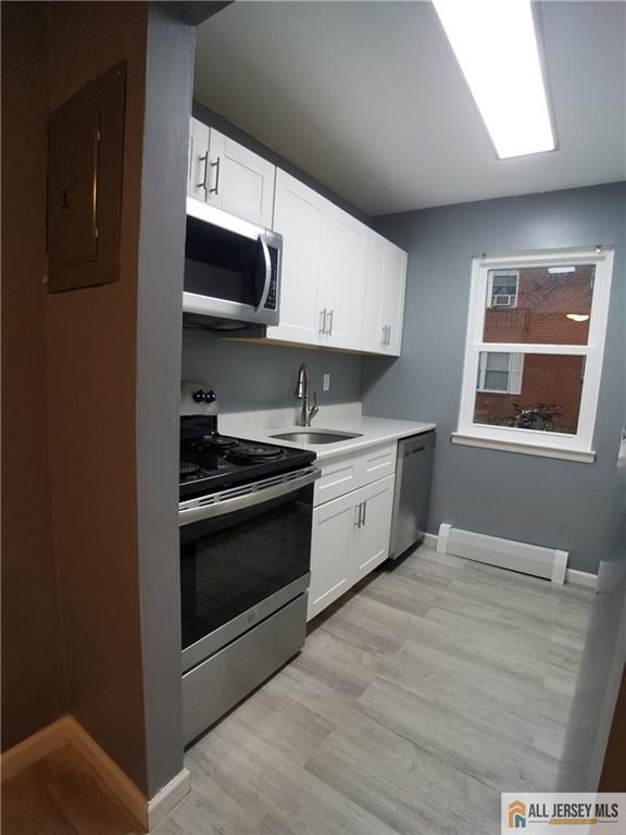 kitchen featuring a sink, electric panel, light wood finished floors, white cabinets, and appliances with stainless steel finishes
