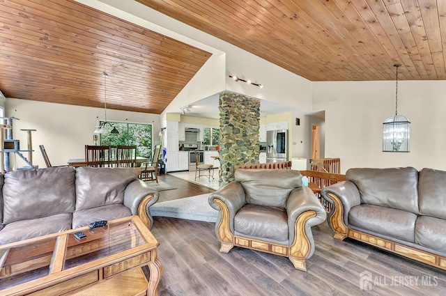 34 Stony Brook Rd, Blairstown, NJ 07825 - living room with wood ceiling, a chandelier, wood finished floors, and high vaulted ceiling