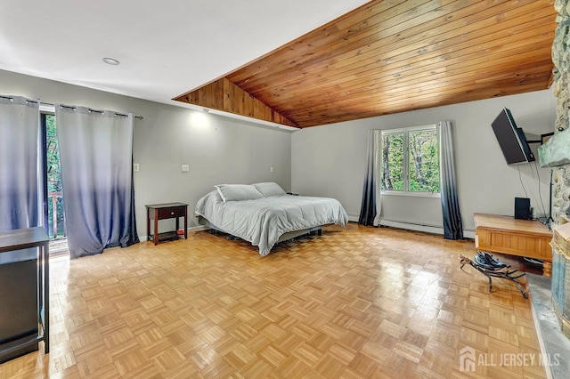 34 Stony Brook Rd, Blairstown, NJ 07825 - bedroom featuring lofted ceiling, a baseboard radiator, wooden ceiling, and baseboard heating