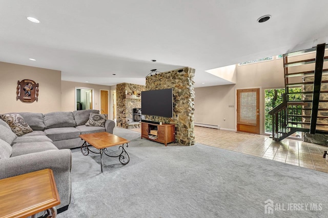 34 Stony Brook Rd, Blairstown, NJ 07825 - living area with carpet floors, recessed lighting, tile patterned flooring, and baseboard heating