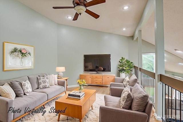 68 Kelly Dr, Edison, NJ 08820 - living room featuring vaulted ceiling, ceiling fan, light wood-style flooring, and recessed lighting