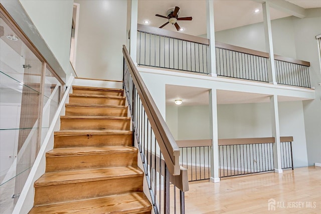 68 Kelly Dr, Edison, NJ 08820 - staircase with a ceiling fan, wood finished floors, a high ceiling, and recessed lighting
